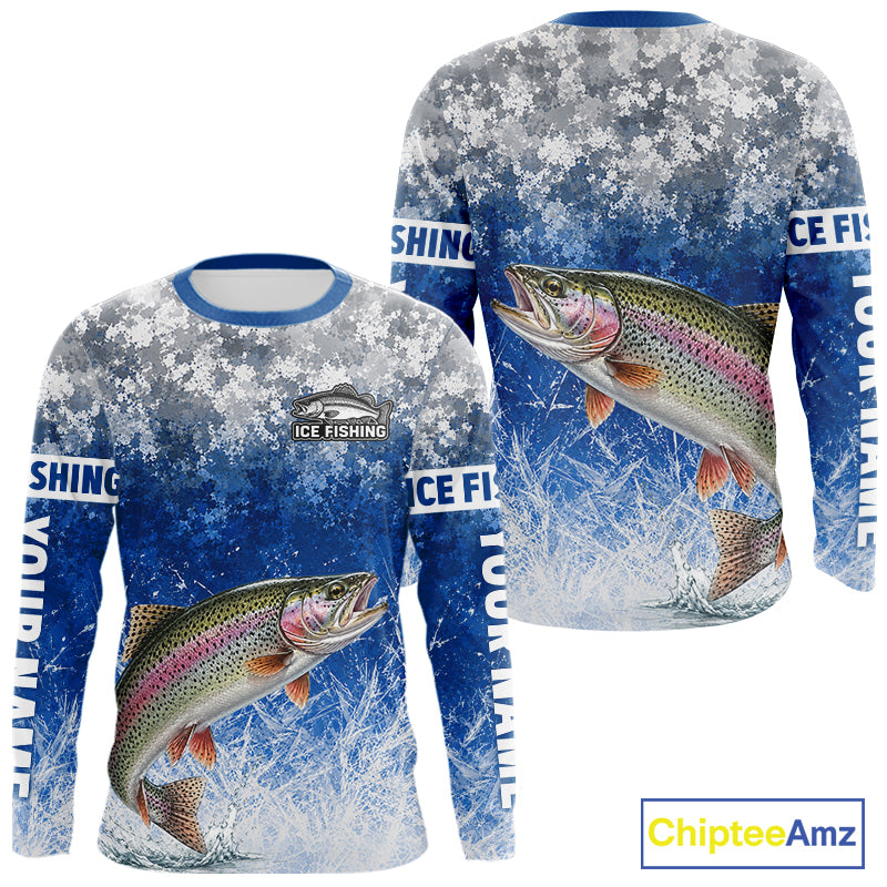 Ice Fishing Shirt With Rainbow Trout & Winter Camo Design, Fishing Shirt Long Sleeve For Men NHT1375