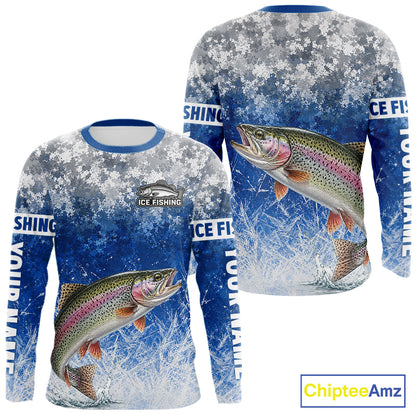 Ice Fishing Shirt With Rainbow Trout & Winter Camo Design, Fishing Shirt Long Sleeve For Men NHT1375