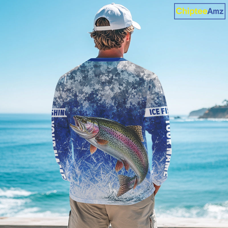 Ice Fishing Shirt With Rainbow Trout & Winter Camo Design, Fishing Shirt Long Sleeve For Men NHT1375