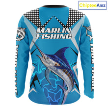 Load image into Gallery viewer, Marlin Fishing Blue Camo Custom Name Long Sleeve, Long Sleeve Fishing Shirt For Men NHT465