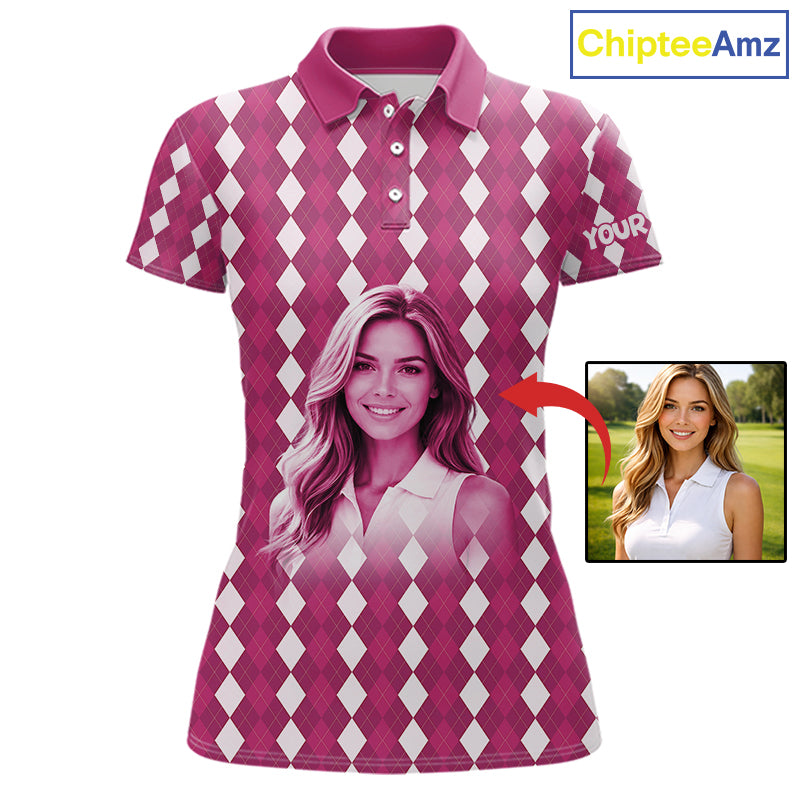 Womens Golf Polo Shirt Custom Photo Face Pink Argyle Plaid Pattern, Mother's Day Golfing Gifts NHT744
