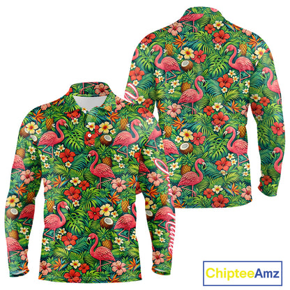 Men's Golf Polo Shirt Colorful Floral Flamingo Pattern Tropical Leaves Custom Name NHT538