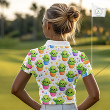 Load image into Gallery viewer, Funny Cactus Flower Pattern Womens Golf Polo Shirt, Cute Cartoon Plant Shirt Personalized, Colorful Succulent Shirt NHT556