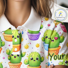 Load image into Gallery viewer, Funny Cactus Flower Pattern Womens Golf Polo Shirt, Cute Cartoon Plant Shirt Personalized, Colorful Succulent Shirt NHT556