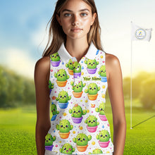 Load image into Gallery viewer, Funny Cactus Flower Pattern Womens Sleeveless Golf Polo Shirt, Cute Cartoon Plant Shirt Personalized, Colorful Succulent Shirt NHT556