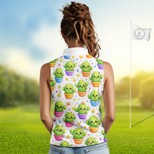 Load image into Gallery viewer, Funny Cactus Flower Pattern Womens Sleeveless Golf Polo Shirt, Cute Cartoon Plant Shirt Personalized, Colorful Succulent Shirt NHT556