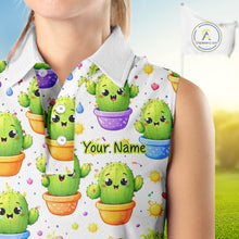 Load image into Gallery viewer, Funny Cactus Flower Pattern Womens Sleeveless Golf Polo Shirt, Cute Cartoon Plant Shirt Personalized, Colorful Succulent Shirt NHT556