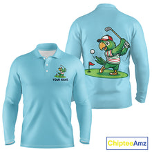 Load image into Gallery viewer, Personalized Mens Golf Polo Shirt Custom Name Funny Green Parrot Design|Blue 