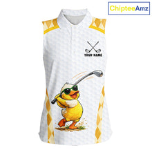Load image into Gallery viewer, Custom Yellow &amp; White Funny Duck Golf Shirt For Womens Sleeveless, Golf Jersey Argyle Pattern For Womens NHT559