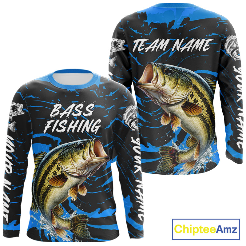 Custom Largemouth Bass Fishing Shirts Long Sleeve – Performance Tournament Jersey For Men| Blue NHT771