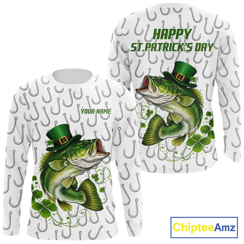 Custom St Patrick's Day Bass Fishing Long Sleeve Shirt For Men, Performance Fishing Shirts NHT423