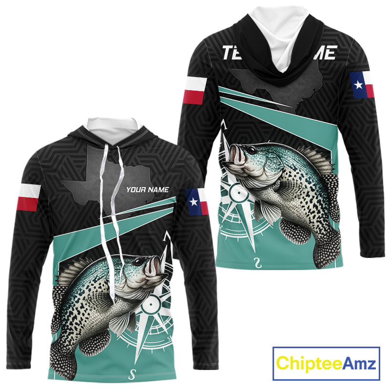 Texas Crappie Fishing Jersey, Texas Flag Patriot Custom Name Hooded Fishing Shirts Long Sleeve NHT568
