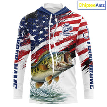 Load image into Gallery viewer, Personalized Patriotic Bass Fishing Shirts Long Sleeve Hooded, American Flag Fishing Jerseys For Men NHT773