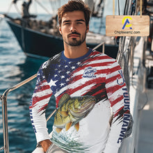 Load image into Gallery viewer, Personalized Patriotic Walleye Fishing Shirts Long Sleeve , American Flag Fishing Jerseys For Men NHT774