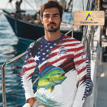 Personalized Patriotic Mahi Mahi( Dorado) Fishing Shirts Long Sleeve, American Flag Fishing Jerseys For Men NHT775