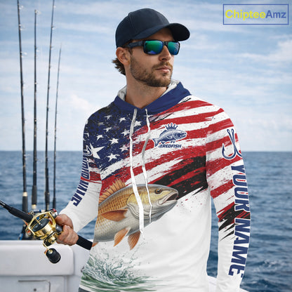 Personalized Patriotic Redfish Fishing Shirts Long Sleeve Hooded, American Flag Fishing Jerseys For Men NHT776