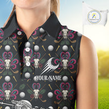 Load image into Gallery viewer, Dark Skull Sleeveless Womens Golf Polo Shirt – Gothic Skeleton Flamingo Pattern Funny Golf Shirt For Women NHT781