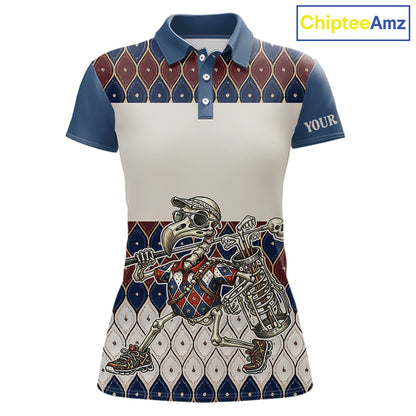 Custom Blue Red Argyle Womens Golf Polo Shirt Skull Flamingo Design, Personalized Team Name Shirt NHT794