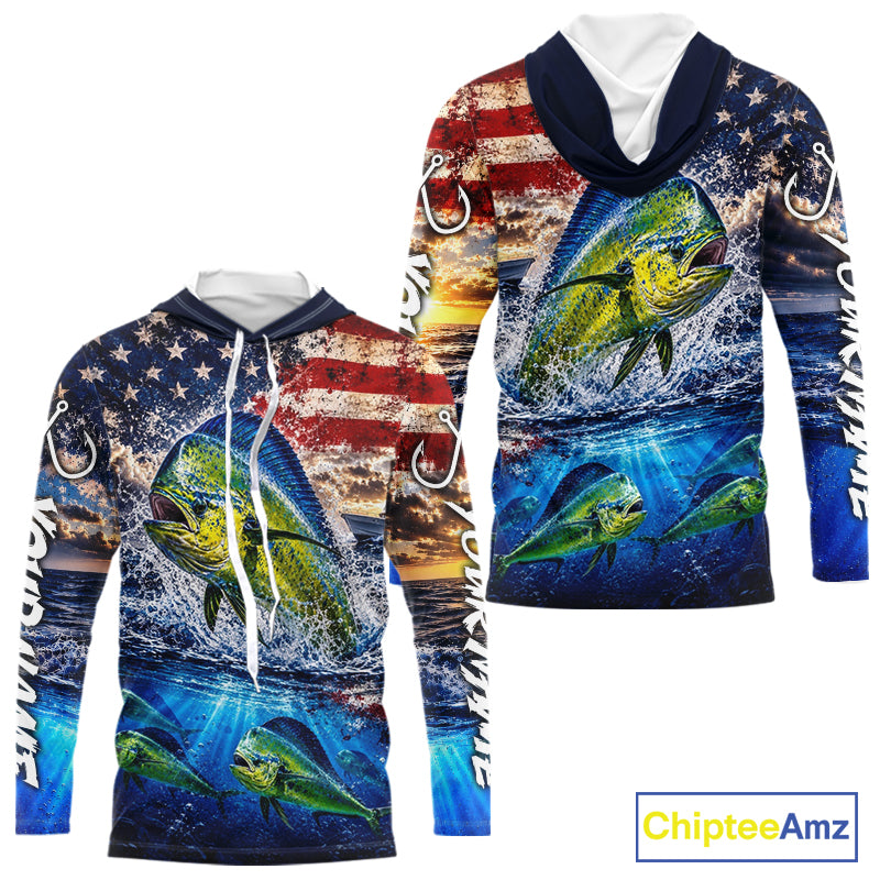 Personalized Dolphin Fish Patriotics Jersey Mahi Mahi Long Sleeve Hooded Fishing Shirt Apparel 