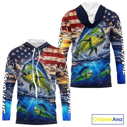 Personalized Dolphin Fish Patriotics Jersey Mahi Mahi Long Sleeve Hooded Fishing Shirt Apparel 