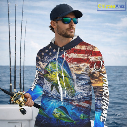 Personalized Dolphin Fish Patriotics Jersey Mahi Mahi Long Sleeve Hooded Fishing Shirt Apparel 