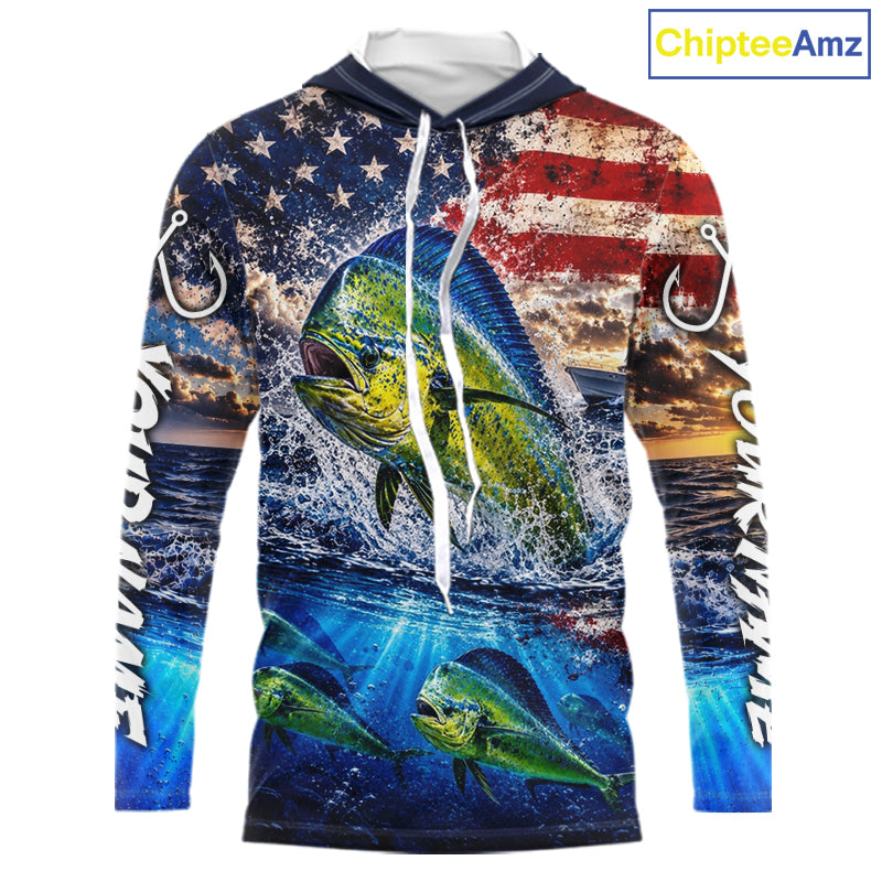 Personalized Dolphin Fish Patriotics Jersey Mahi Mahi Long Sleeve Hooded Fishing Shirt Apparel 