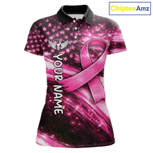 Load image into Gallery viewer, Personalized Breast Cancer Awareness Polo Shirt American Flag Pink Ribbon – Golf Gift For Women NHT799