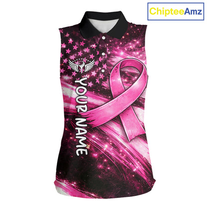 Personalized Breast Cancer Awareness Sleeveless Women Polo Shirt American Flag Pink Ribbon – Golf Gift For Women NHT799