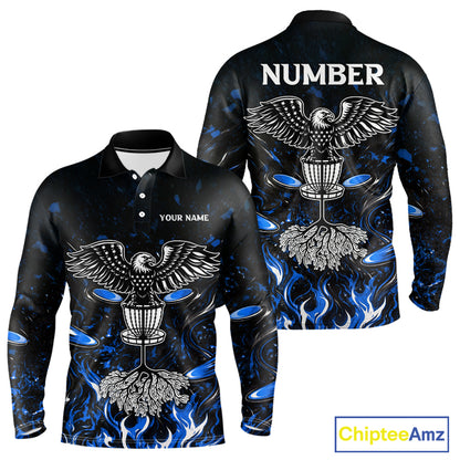 Personalized Mens Disc Golf Polo Shirt With Eagle Design, Customizable Name, Unisex Sports Jersey For Men|Blue NHT811