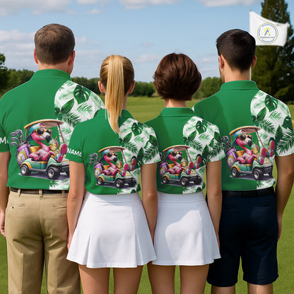 Personalized Tropical Leaf Green Golf Cart Design, Custom Flamingo Funny Womens Golf Polo Shirt  NHT596
