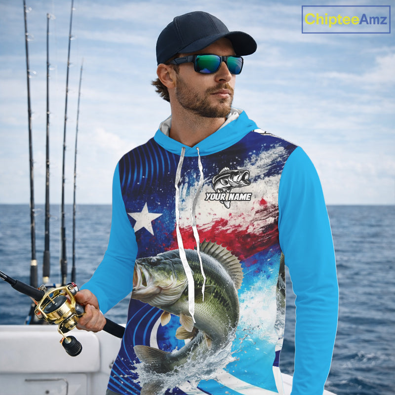 Largemouth Bass Fishing Shirts Long Sleeve Hooded Texas Flag Custom Name Team Name, Fishing Gift NHT608