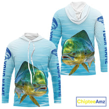 Load image into Gallery viewer, Hooded  Mahi Mahi Ocean Blue Performance Fishing Shirt, Mahi Mahi Tournament Fishing Shirts NHT615
