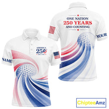 Load image into Gallery viewer, White polo shirt with red, white, and blue design, featuring text and American flag on a white background.
