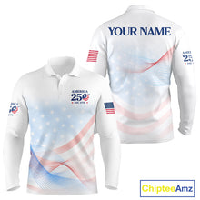 Load image into Gallery viewer, White long-sleeve polo shirt with American flag design and 'Chiptee Amz' branding.