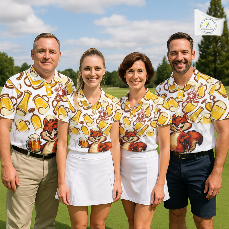 Custom Funny Squirrel Women's Golf Polo Shirts - Personalized Beer Lover Performance Jersey