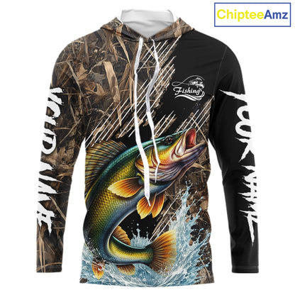 Walleye Fishing Shirts Long Sleeve Hooded Camouflage For Men, Walleye Fishing Apparel NHT434