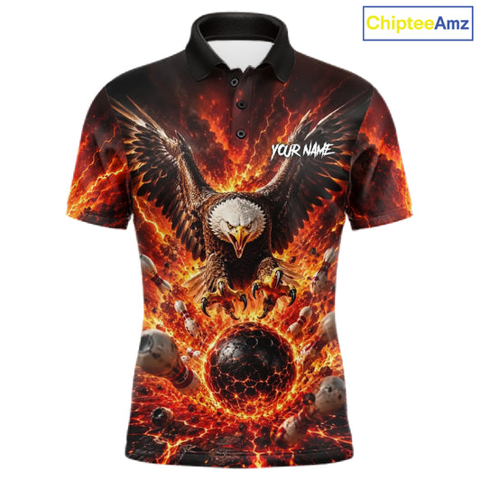 Custom Eagle Fire Flame Personalized Bowling Polo & Quarter-Zip Shirt Gift For Men 