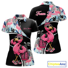 Load image into Gallery viewer, Funny Pink Flamingo Pattern Tropical Flamingo Golf Polo Shirt For Womens, Custom Flamingo Golf Shirt For Team NHT653