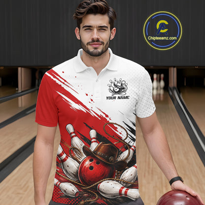A man wearing a custom bowling-themed polo shirt with a red and white design featuring bowling pins, balls, and a cowboy hat, standing in a bowling alley.