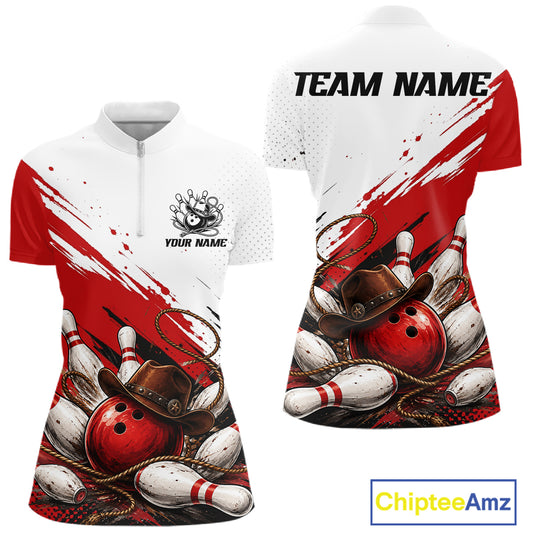 Front and back views of a short-sleeve custom bowling-themed polo shirt. The shirt features a white and red paint-splatter design with illustrations of red bowling balls, white bowling pins, and brown cowboy hats.