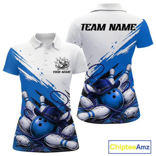 Front and back views of a customizable short-sleeve polo shirt with a bowling theme. The shirt features a white collar, a white upper chest and shoulders, and a vibrant blue lower body decorated with illustrations of bowling balls, pins, and ropes.