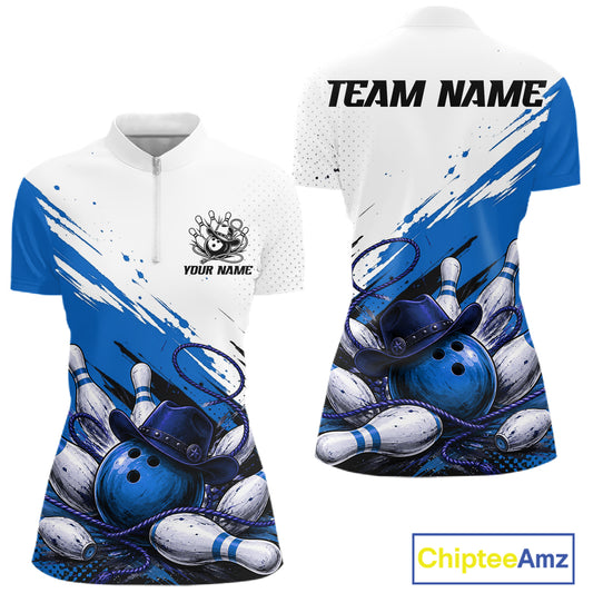 Front and back views of a women's short-sleeve polo shirt with a bowling-themed graphic print. The shirt is white on the upper chest and shoulders, transitions into blue paint-splatter stripes, and features an illustration of blue bowling balls, white bowling pins, and black cowboy hats near the hem.
