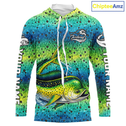 Mahi Mahi Fishing Team Jerseys, Mahi Mahi Fishing Shirts Long Sleeve Hooded Green Camo  NHT614