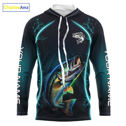 Personalized Neon Bass Fishing Shirt, Largemouth Bass Long Sleeve Hooded Performance Apparel 