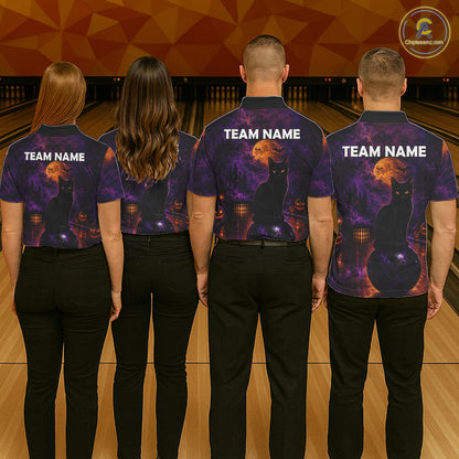 Black Cat Halloween Bowling Polo Shirt Custom Name Team Quarter Zip Jersey For Men NHT1351