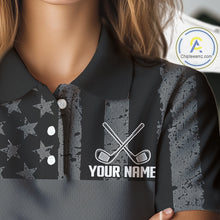 Load image into Gallery viewer, Black White American Flag Womens Golf Polo Shirts Custom Name, Team Name For Women Golf Gift NHT886
