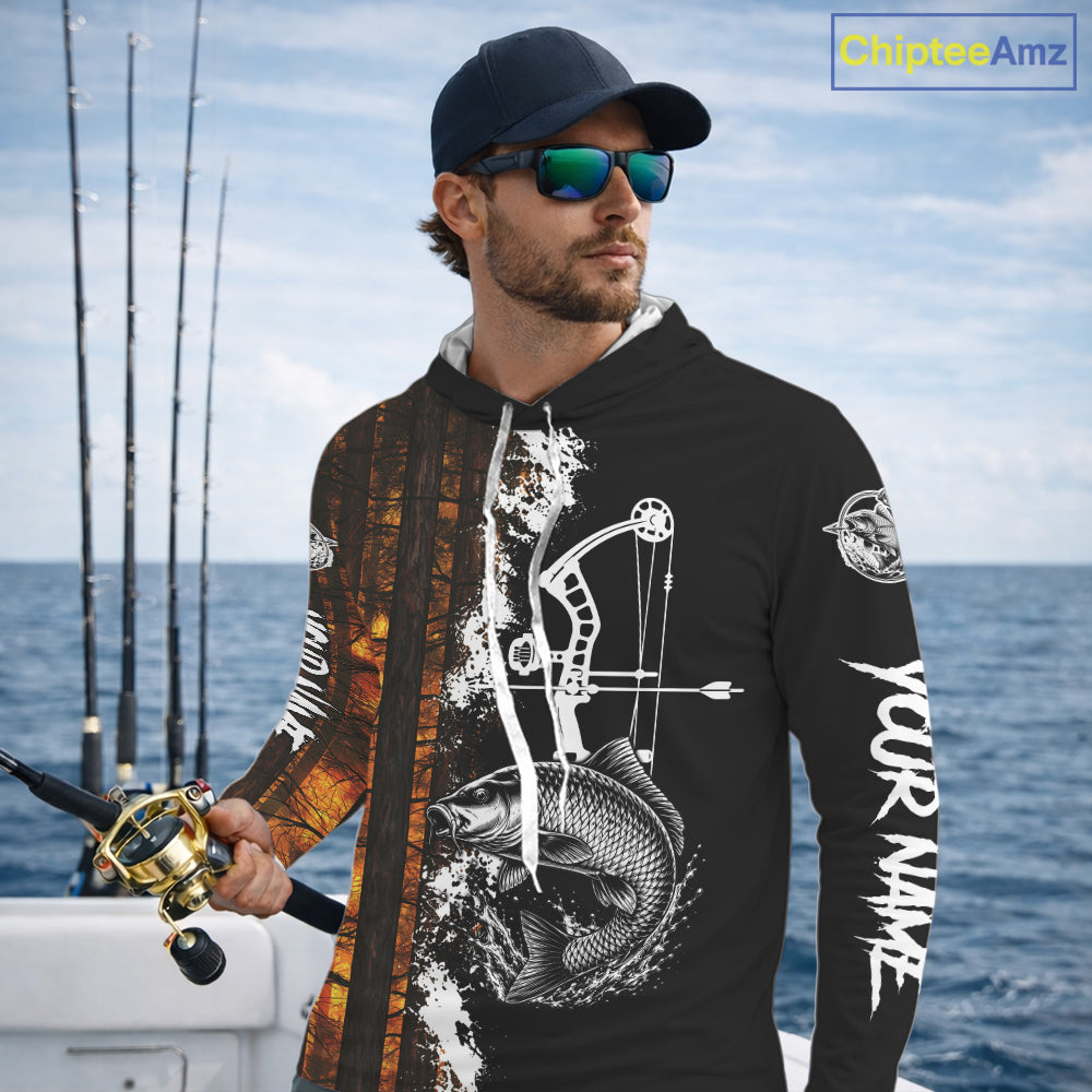 Men's Carp Fishing Shirts Hooded Long Sleeve Performance Shirt, Custom Forest Orange Camo Shirt NHT1367
