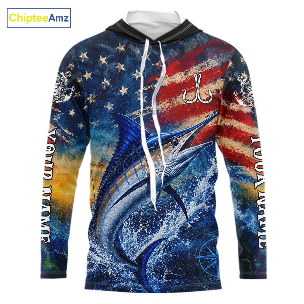 Marlin Fishing Shirt American Flag 3D All Over Print Long Sleeve Hooded Performance Apparel For Men NHT1088