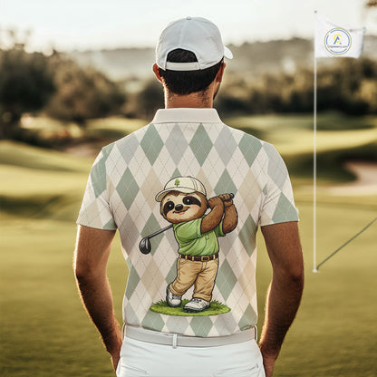 Personalized Sloth Golfer Polo Shirt Funny Golf Argyle Pattern Custom Name Golf Lover Gift 