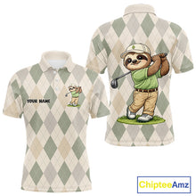 Load image into Gallery viewer, Personalized Sloth Golfer Polo Shirt Funny Golf Argyle Pattern Custom Name Golf Lover Gift 